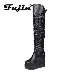 Fujin 12cm skóra z mikrofibry buty na koturnie do kolan buty damskie modne wiosenne pluszowe nowoczesne ukryte obcasy zimowe jesień