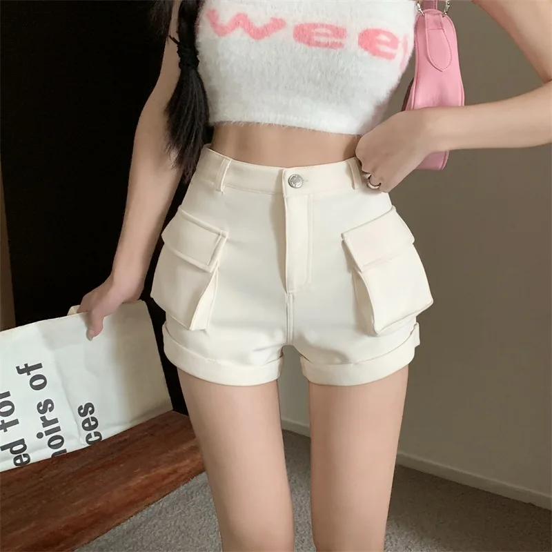 Shorts Dames Vintage Preppy College Style Wijde pijpen Denim Hoge taille Rolzoom Amerikaanse sport Loose Fit Campus Grils