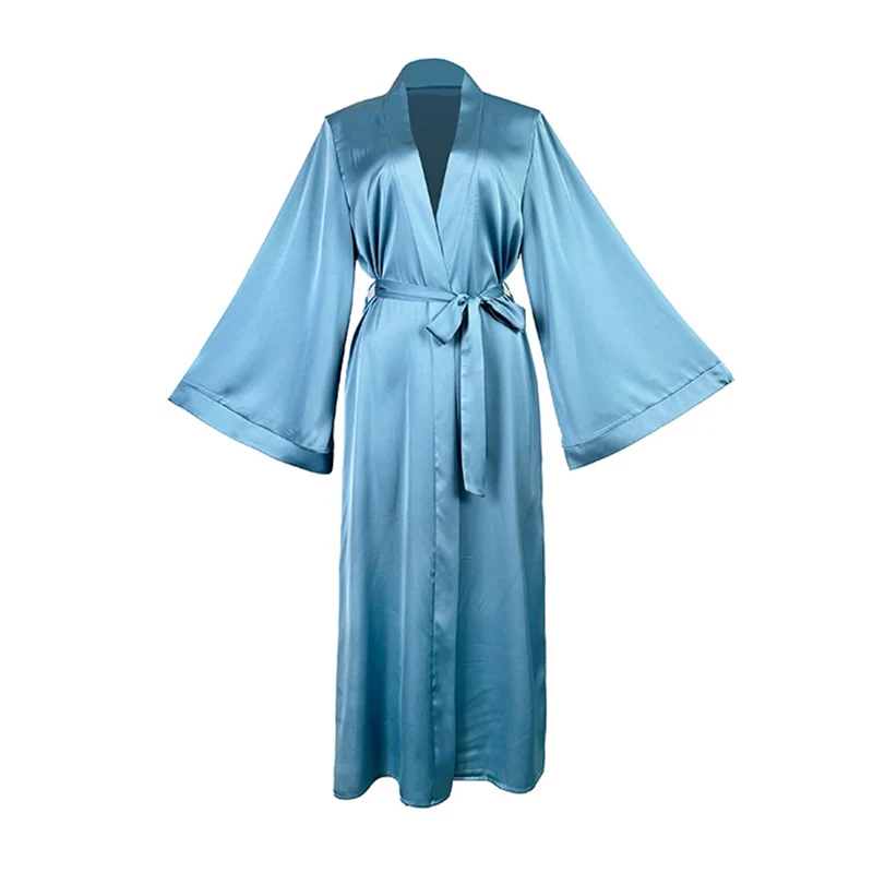 Pajamas For Women Morandi Blue Satin Robe V Neck Large Cuff Nightgowns Fantasy Gown Women's Home Robe Bow Luxury Long Bathrobe