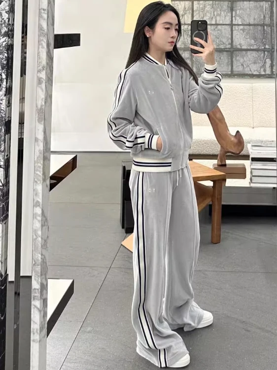 Koreański Zestaw Damski z Aksamitu w Stylu Casual, Modny, Odmładzający, Kurtka Baseballowa, Spodnie z Szerokimi Nogawkami, Dwuczęściowy Garnitur, Nowość na Jesień