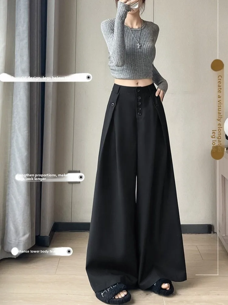Pantalones de traje de pierna ancha con botones Retro americanos para mujer primavera otoño pantalones holgados adelgazantes informales drapeados hasta el suelo