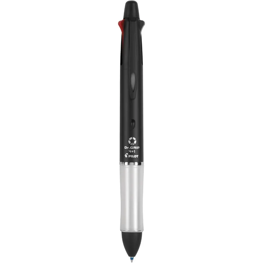 PILOT Dr. Grip 4+1 Multi-Function Refillable Retractable Ballpoint Pen with Pencil Fine Point Black Barrel Offers Black/Red/Blu