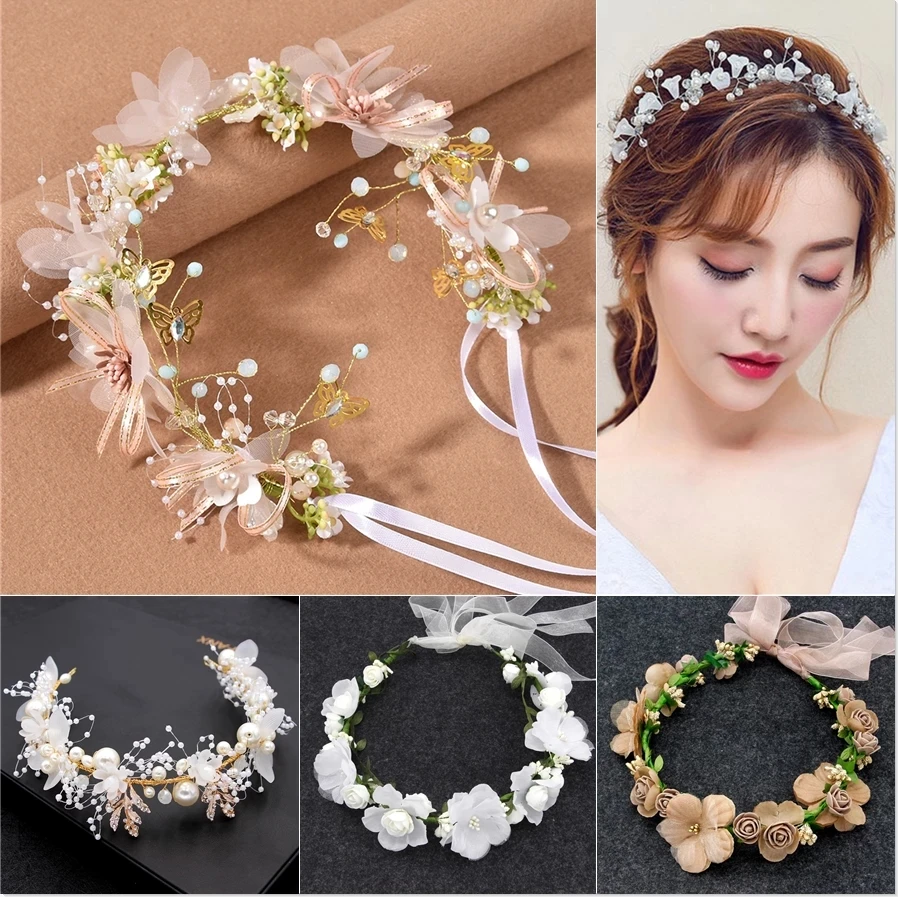 New High Quality Spring Bohemian Pearl Crowns Beach Hawaii Floral Garland Romantic Faux Rose Wedding Wreaths Flower Headband