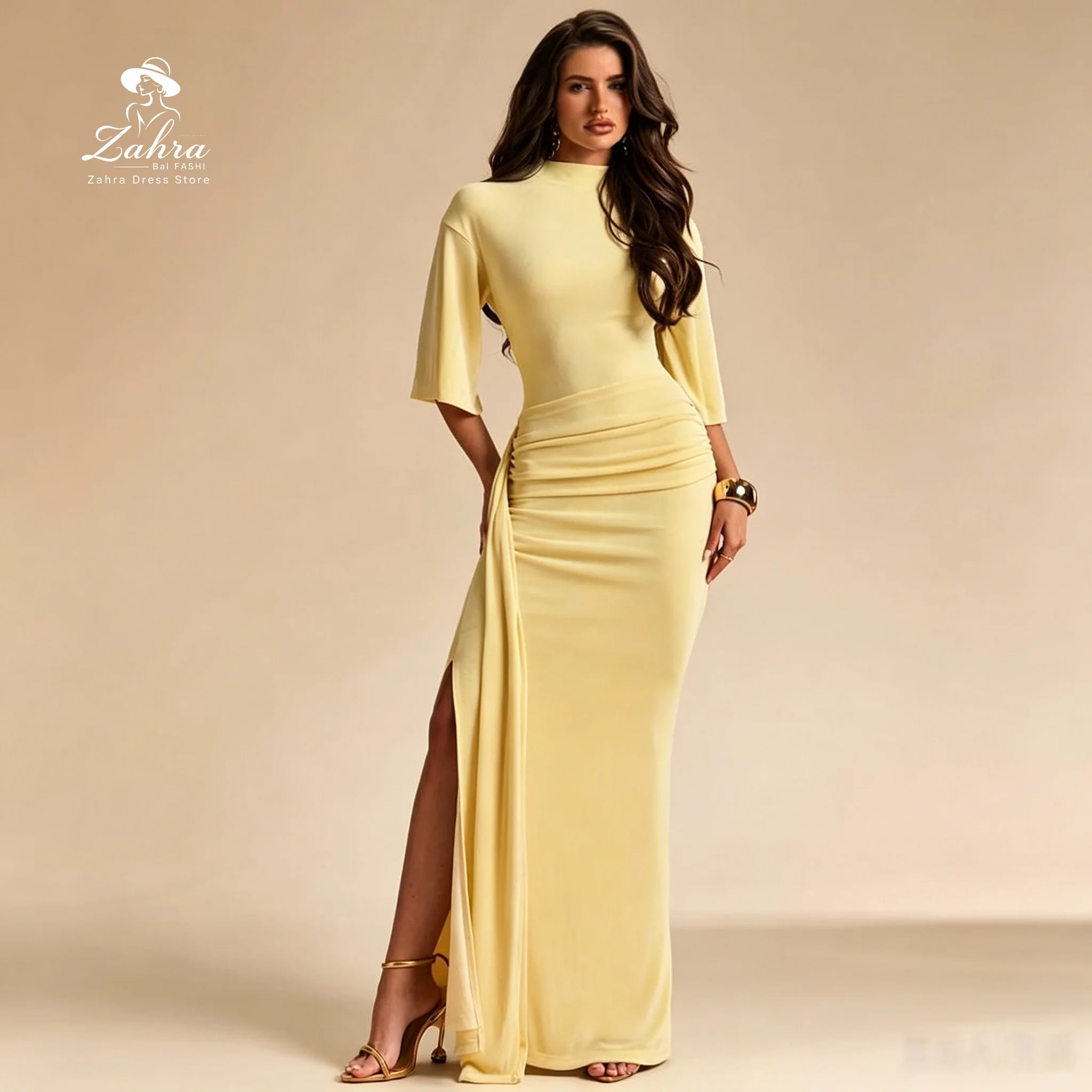 

Soft Yellow Form-Fitting Mermaid Modern Jersey Elbow Sleeve Prom Dresses Ruched Waist Evening Dresses Back Cutout Party Gowns