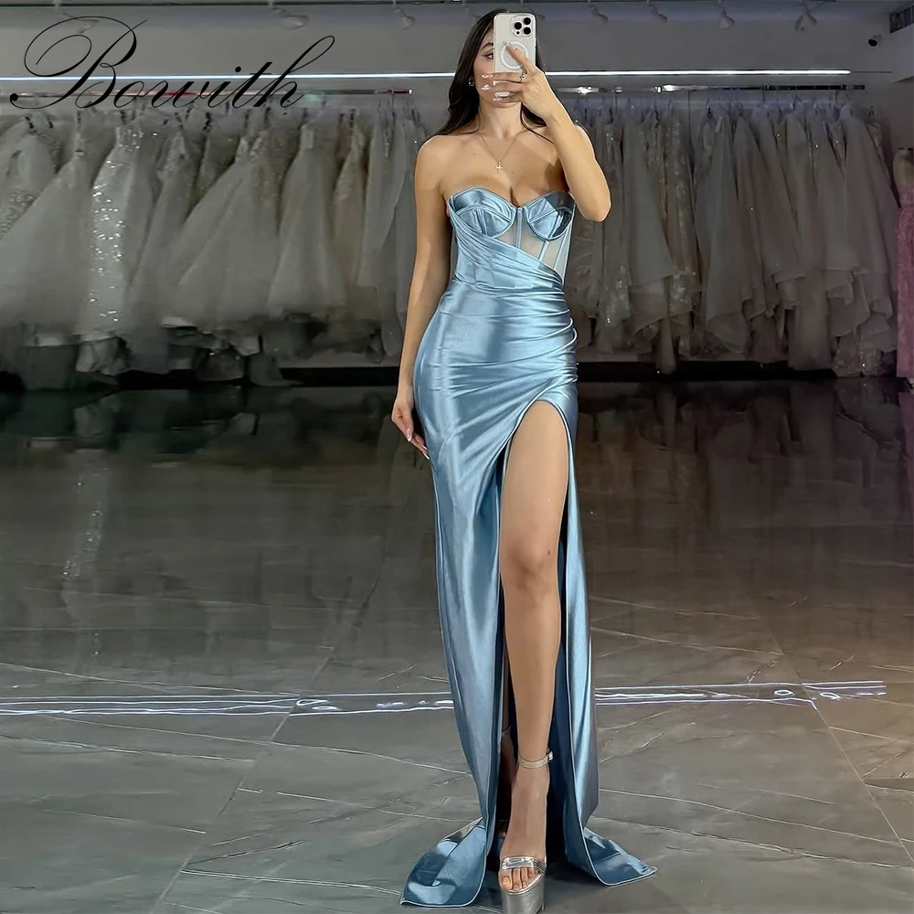 

Bowith Blue Sexy Evening Dresses Strapless Sweetheart Prom Dresses Customized Side High Slit Party Dresses Elegant Sheath Gown