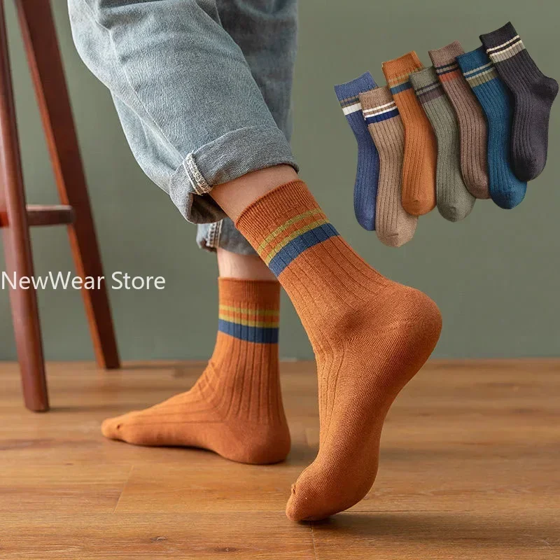 Men's Striped Cotton Socks Spring Fashion Casual Socks High Quality Harajuku Retro Socks Man Calcetines Hombre Meias Masculina