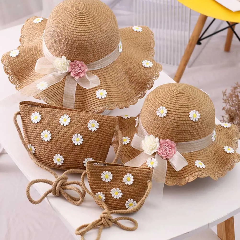 2Pcs Kids Straw Hat Set Sun Protection Daisy Pattern Natural Woven Texture Comfortable Lightweight Toddler Beach Hat Set
