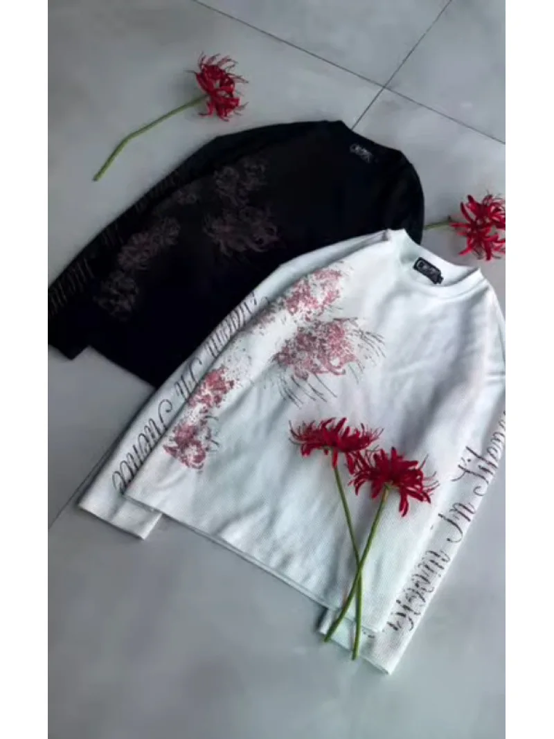 Autumn Fashion Casual T-Shirt, American Retro Street Style, Other Shore Flower Print Pattern, Waffle Long Sleeve T-Shirt