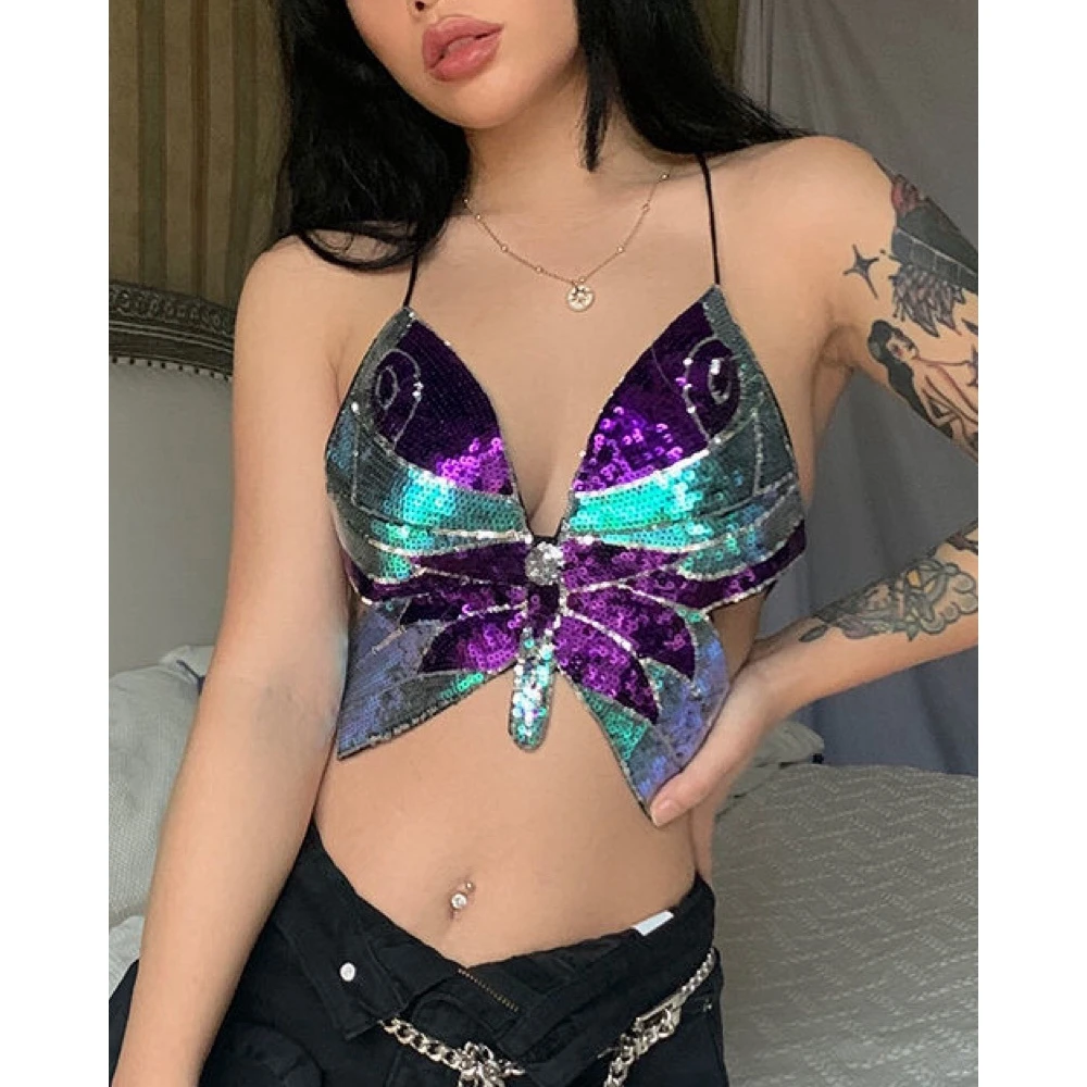 

Summer Sexy Women All Over Sequin Butterfly Pattern Halter Top Fashion Femme Backless Sexy Tank Top Tee Shirt Streetwear Y2k