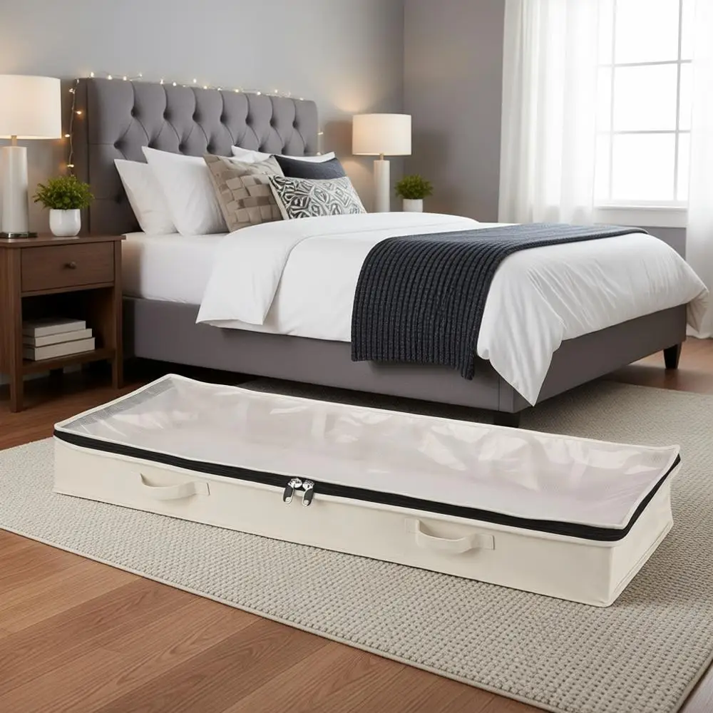 

Прочная сумка для хранения под кроватью из хлопкового холста с верхом из PEVA, трехсторонней молнией и передними ручками