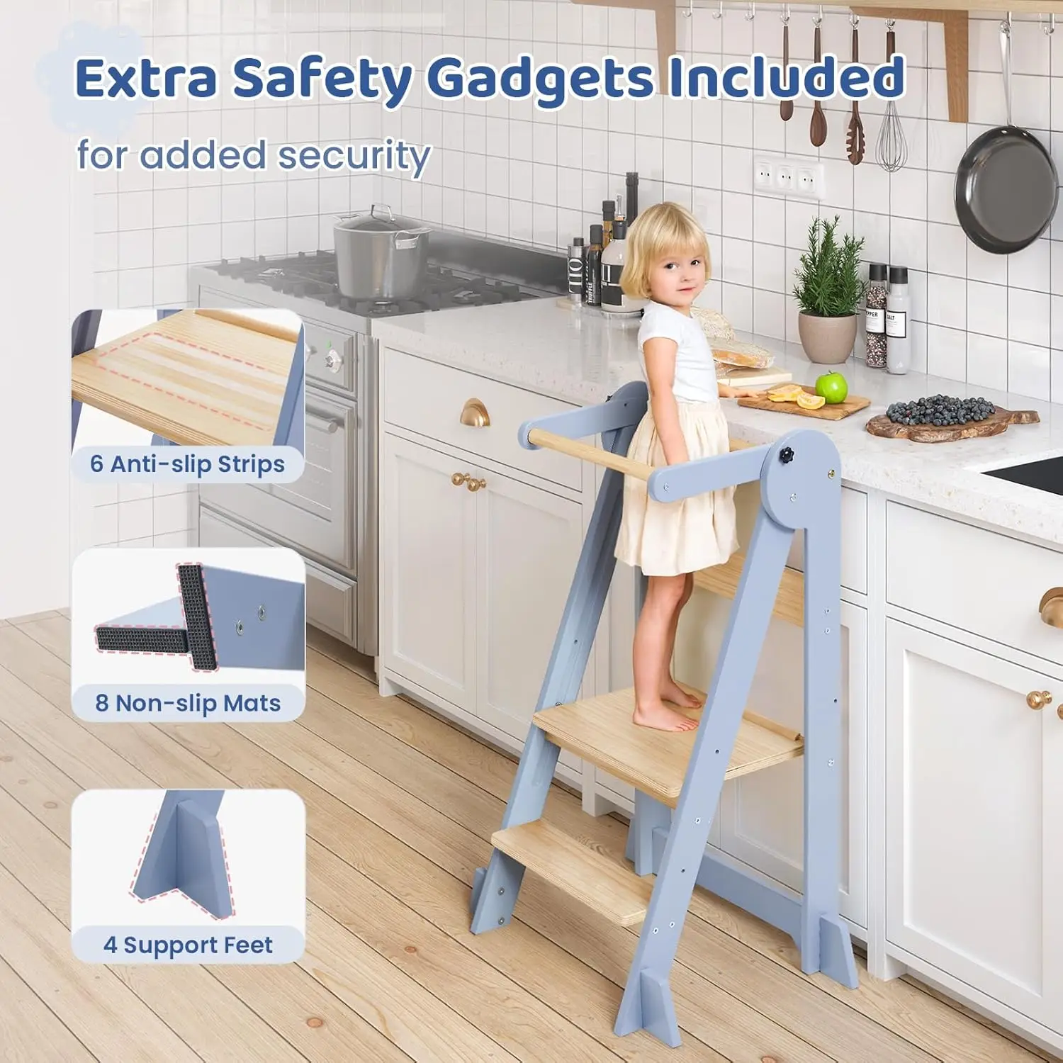 Kitchen Tower, Height Adjustable Standing Tower for Toddlers Learning New Skills, Wooden Kids Kitchen Stool Helper with Safety R