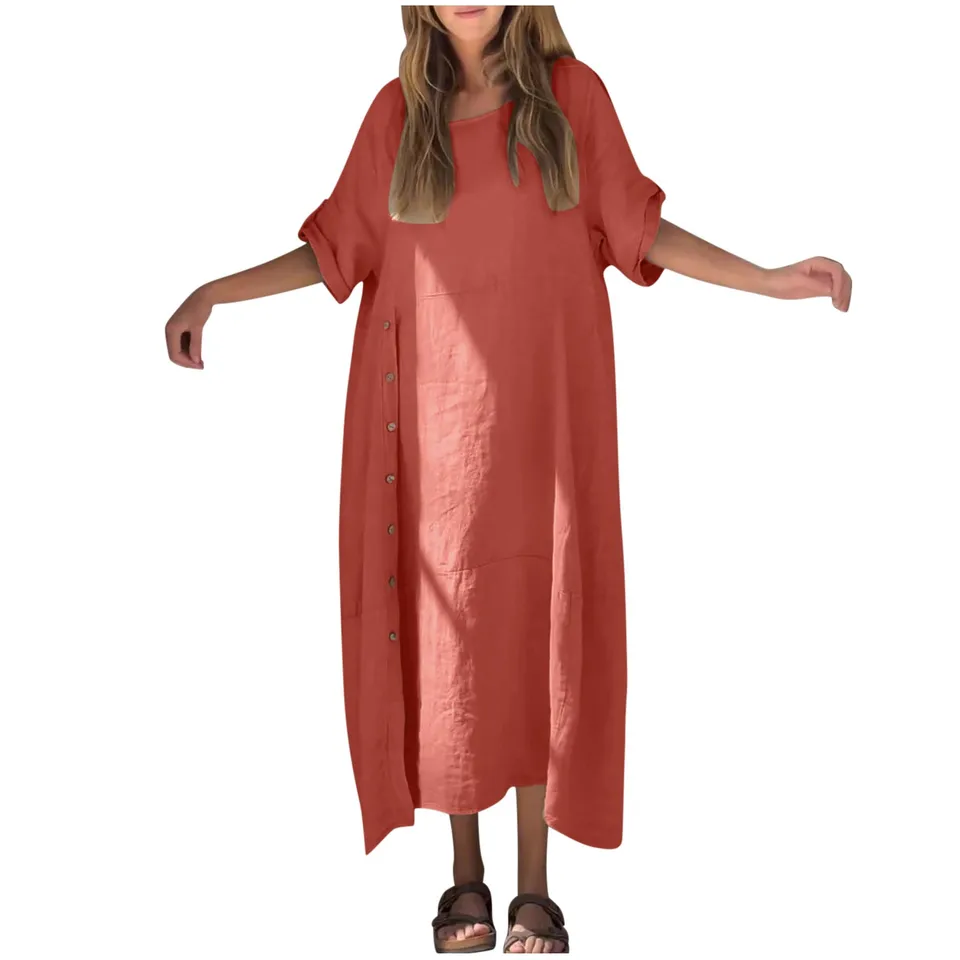 Plus Size Cotton Linen Summer Dress with Buttons