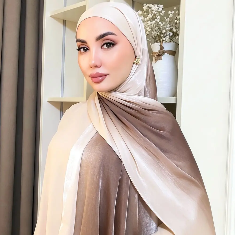 Elegant Long Satin Scarf Shiny Gradient Shawl Soft Wrinkled Hijab Women Fashion Head Wrap Neck Scarf Accessory Wrap