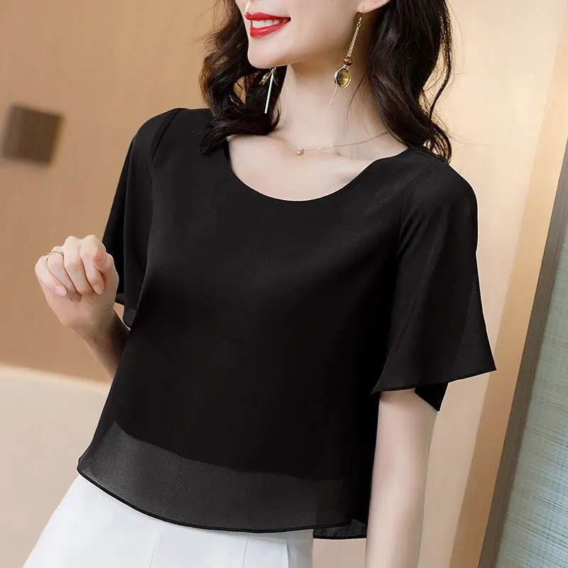 Elegant Solid Color Spliced Irregular Chiffon Blouse Women\'s Clothing 2024 Spring New Casual Pullovers Office Lady Shirt