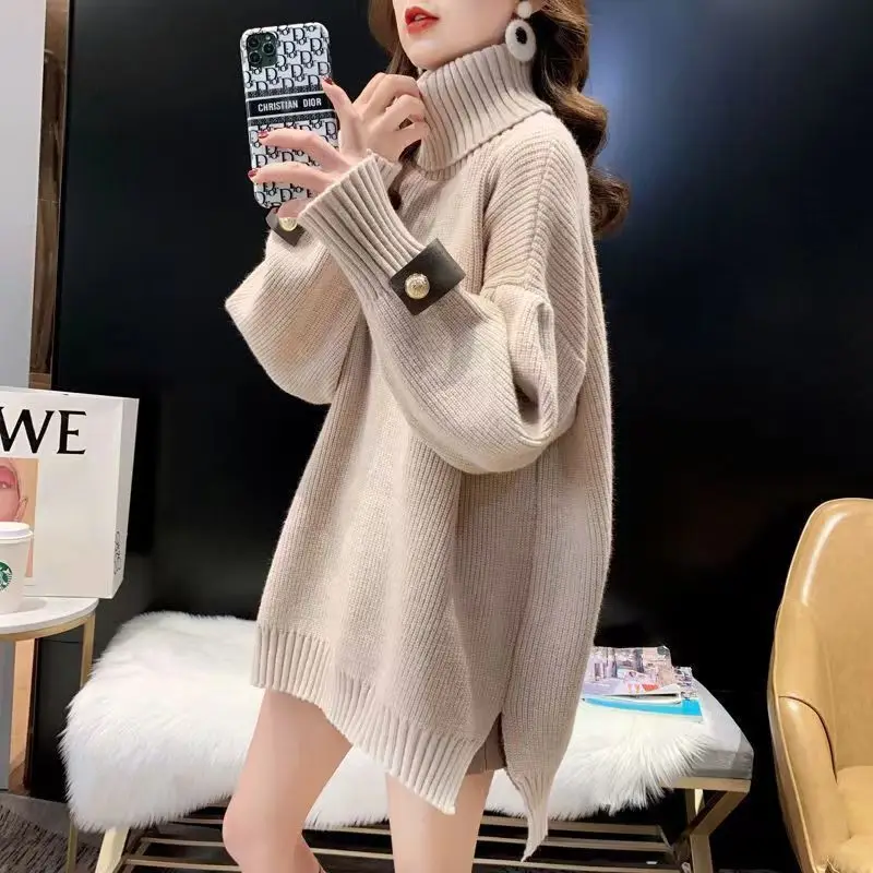 

Autumn Winter Casual Long Sleeve Jumpers Vintage Turtleneck Knitted Sweaters Female Clothing Stylish Button Patchwork Loose 2025