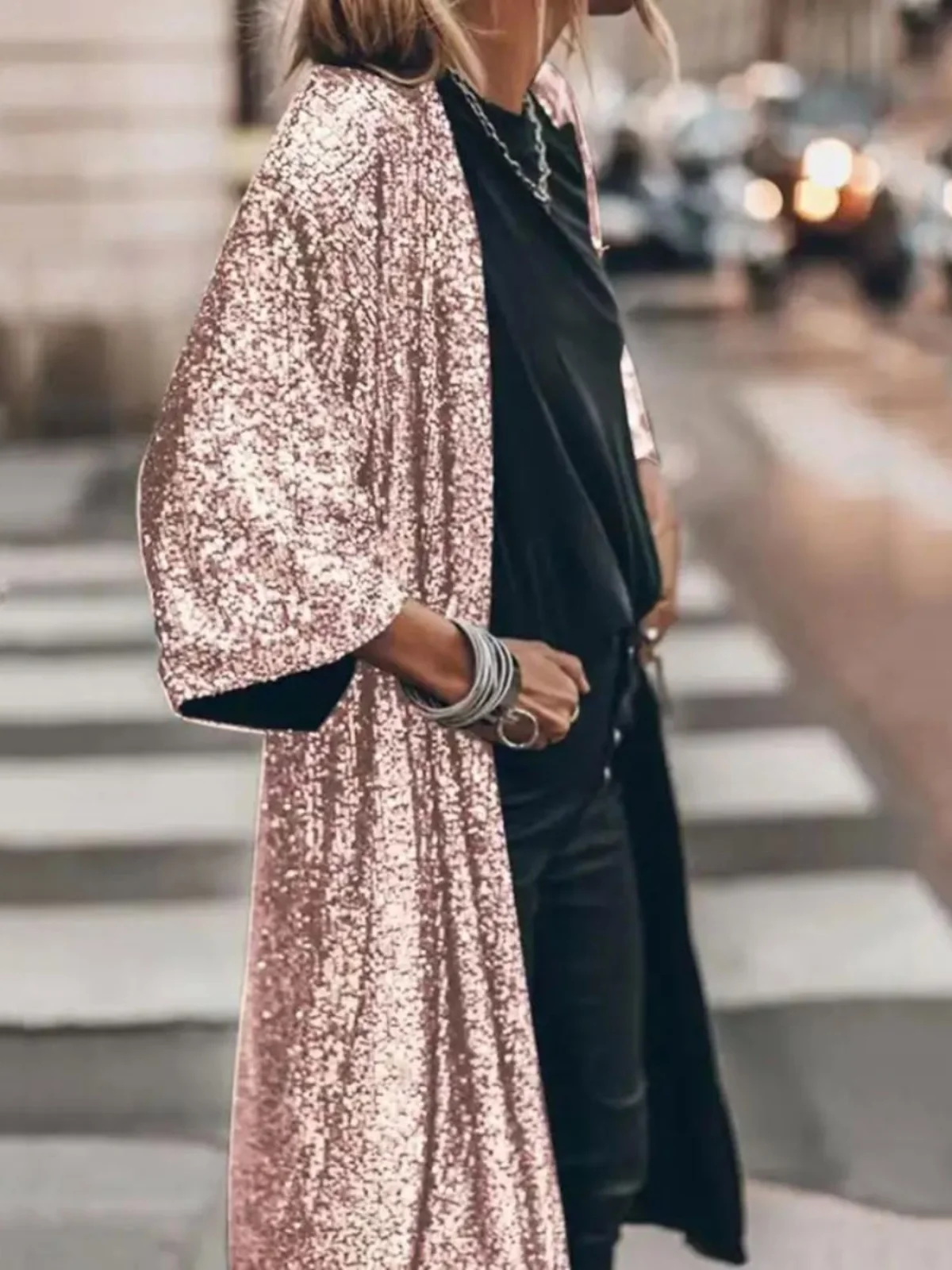 女性用 スパンコール ロング カーディガン ジャケット スパークリング オープン シャツ アウター ストリート スタイル スタンドカラー フルスリーブ ルーズ フィット コート