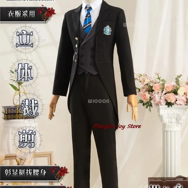 أسود بتلر Ciel Phantomhive تأثيري حلي شعر مستعار أنيمي Kuroshitsuji الزي زي مدرسي عام هالوين جميع الرجال السود البدلة