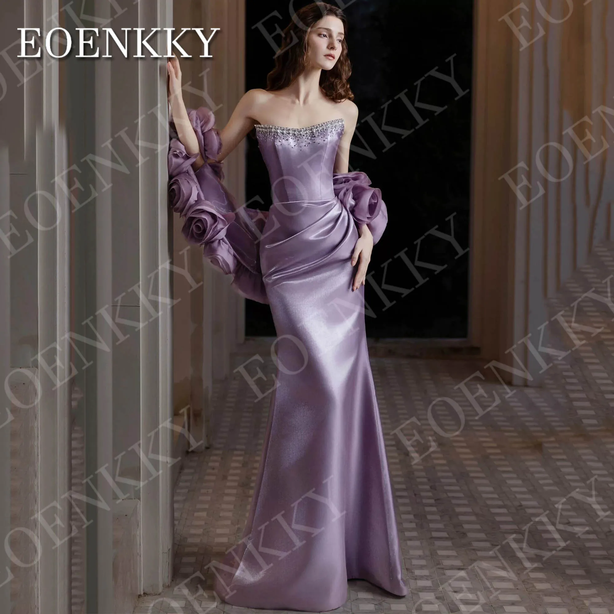 EOENKKY Luxury Mermaid Evening Dresses for Woman Formal Saudi Arabia Satin Floral Strapless Party Dress Customized فساتين سهرة