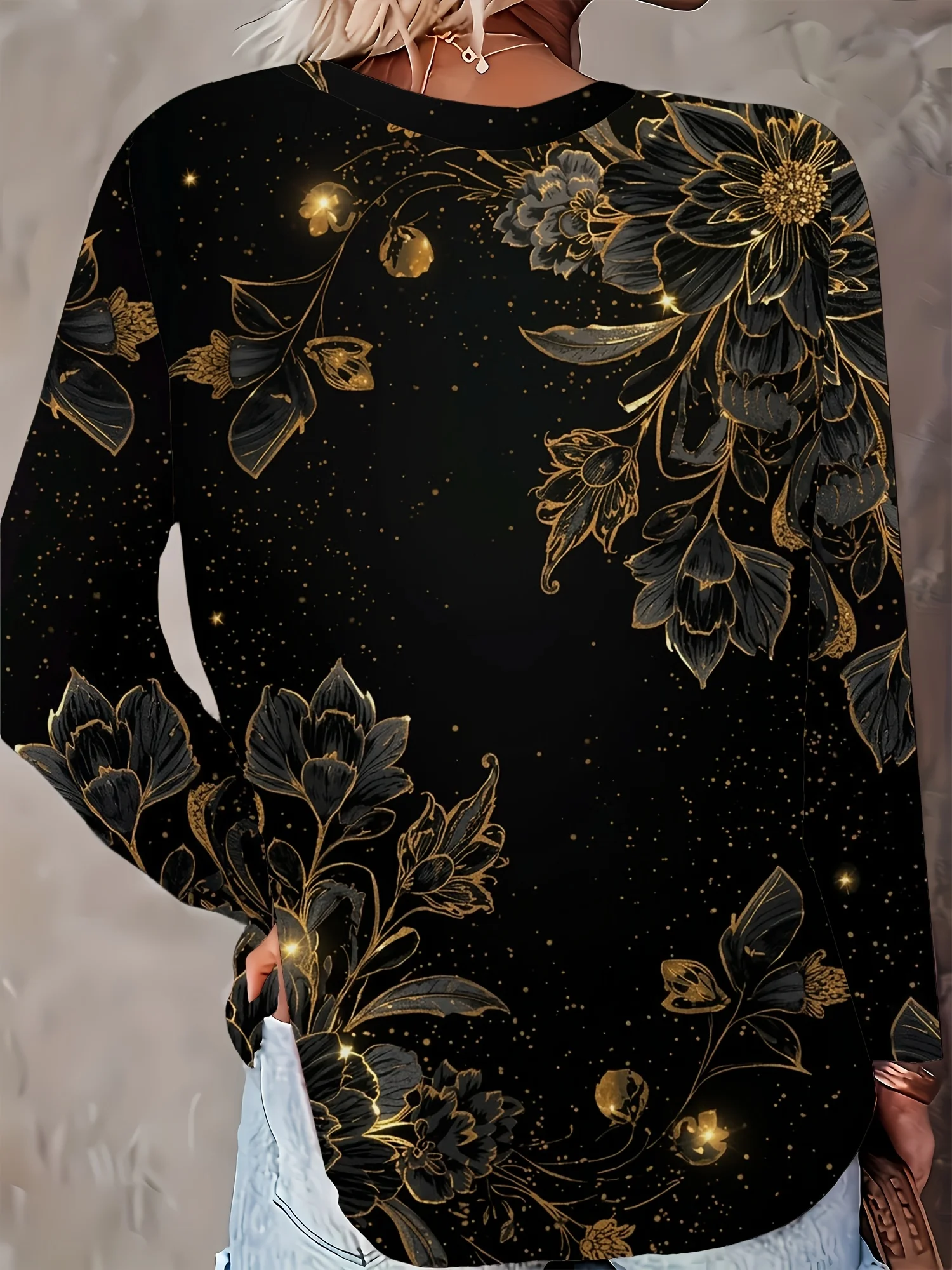 Women Long Sleeve Top Golden Glitter Floral Print Crew Neck Autumn Festival Gift Casual Daily Wear Women's Clothes