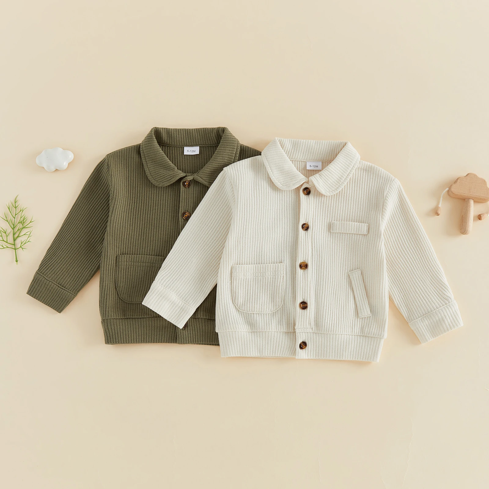 2027 Winter Fashion Toddler Baby Waffle Fall Jacket Warmer Solid Color Button-up Long Sleeve Collared Coat with Pockets Outwear