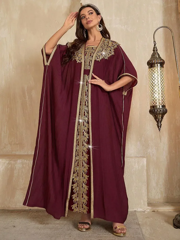 Eid femmes Robe Abaya Caftan manches chauve-souris Appliques fête musulmane robes longues Robe Jalabiya Ramadan maroc caftan robes Largos