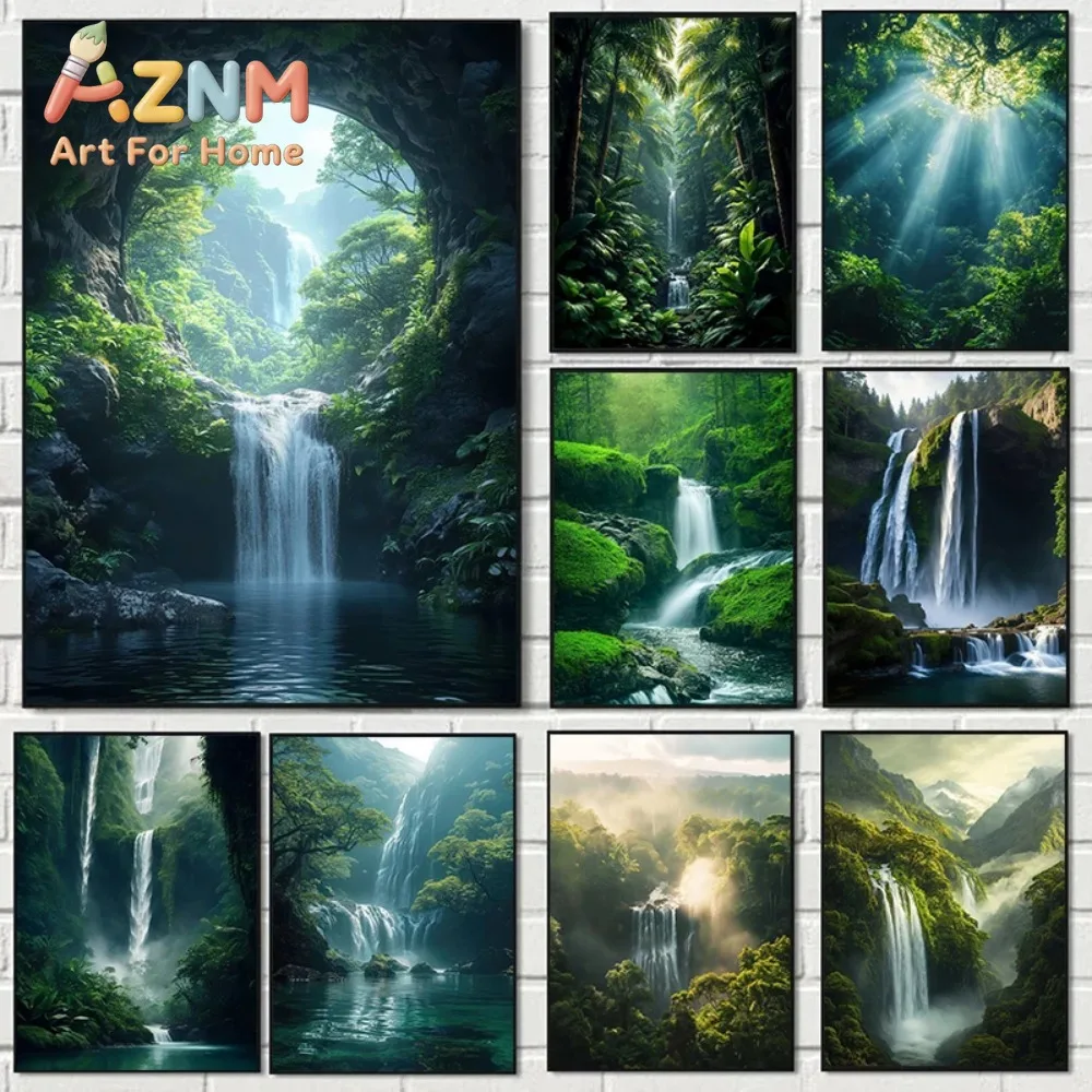 Natural Landscape Spectacular Waterfall Canvas Painting Green Tree Forest Posters Wall Art Prints Home Decor Frameless Paintings