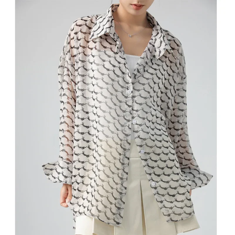 Summer Casual Shirts Chiffon Long Sleeve Sun Protection for Women Print Color Korea Stylish Classic Loose Female Blouse