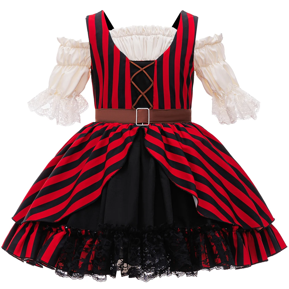 Girls Pirate Dress Red Black Striped Off Shoulder Lace Ruffle Kids Halloween Cosplay Costume Children Carnival Party Dress Up