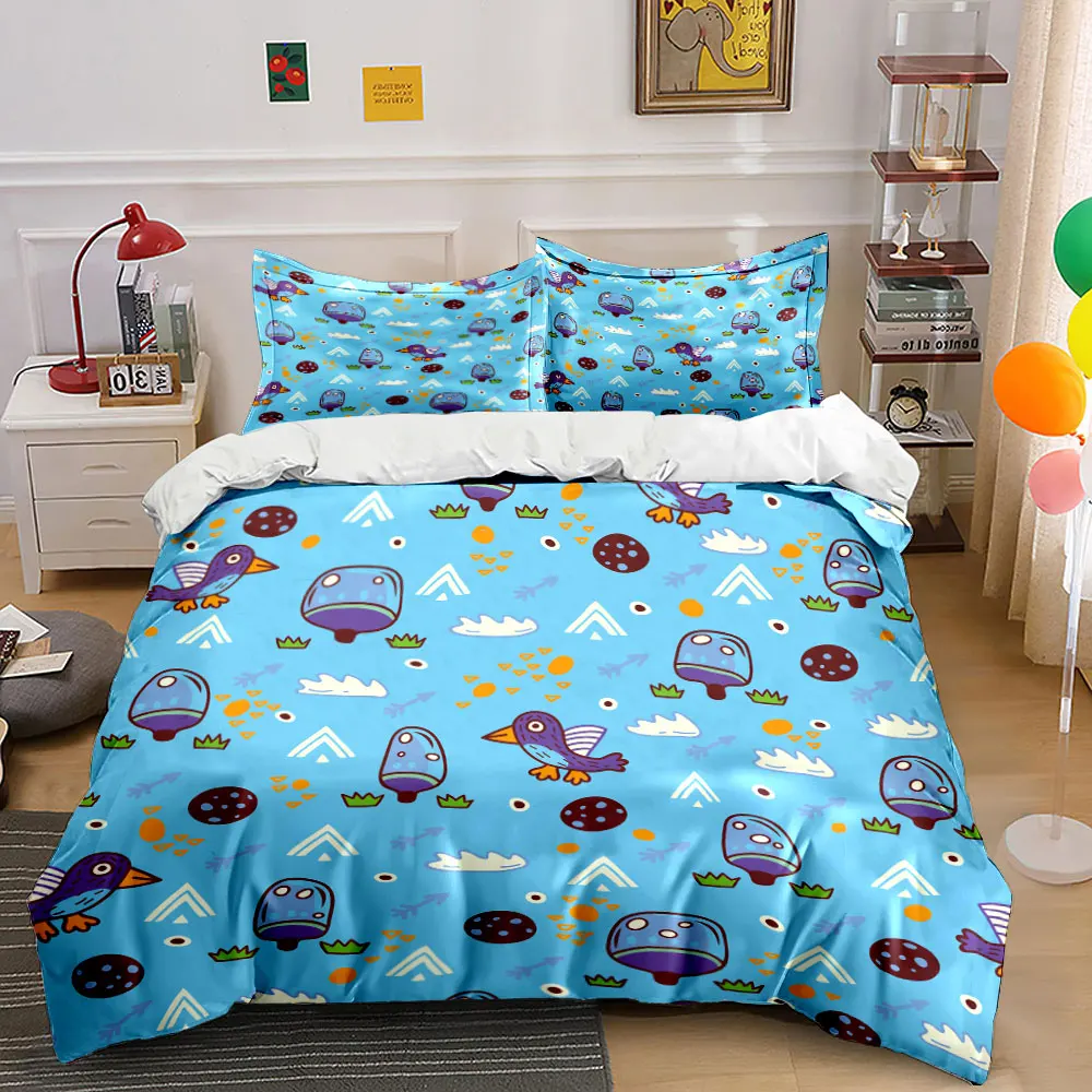 3pcs Cartoon birds mushrooms patterns Duvet Cover Set with 3D Printing Design Soft Polyester Bedding Set All-Season Comfort