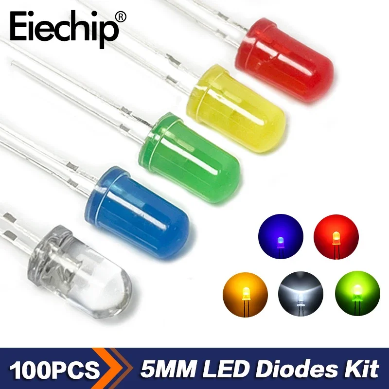 100PCS F5 5MM LED Diode Assorted Kit Straw Hat LED Diodes White Red Blue Green Yellow DIY Light Emitting Diodes