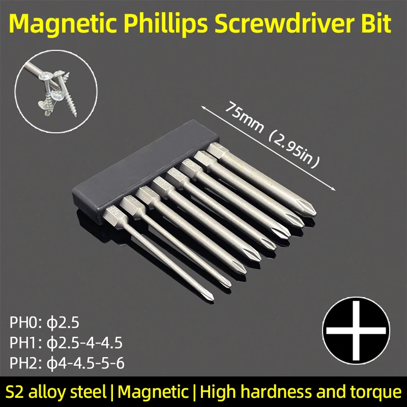 

75mm Magnetic Phillips Screwdriver Bits Set PH0 PH1 PH2 Cross Head Bit Hex Shank S2 Steel Electric Hand Tools Accessories