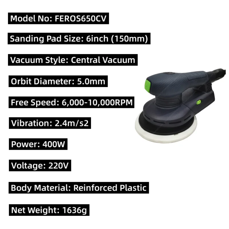 400W Orbital Electric Sander Central-Vacuum 220V Strong Dust Removal Grinding Machine 6 Inch (150mm) Hook-Loop Sanding Disc Pad