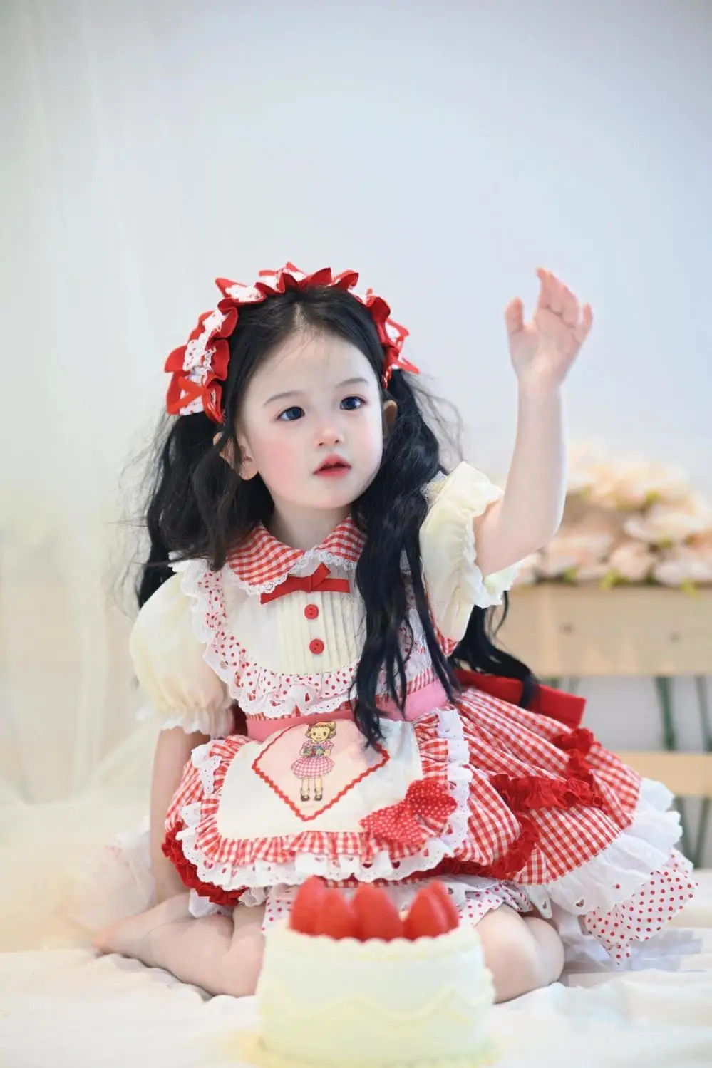 New Summer Girls Lolita Dress Lace Cartoon Cute Princess Dress Plaid Bow Puffy Dress for Kids Weddings Birthday Party for 2-9Yrs