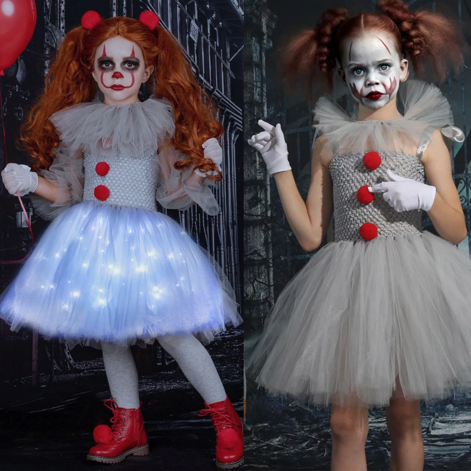 LED Tutu Dress for Girls Pennywise Role Playing Weird Clown Disguise Halloween 2024 It Movie Freak Joker Apparel Kids Nightmare