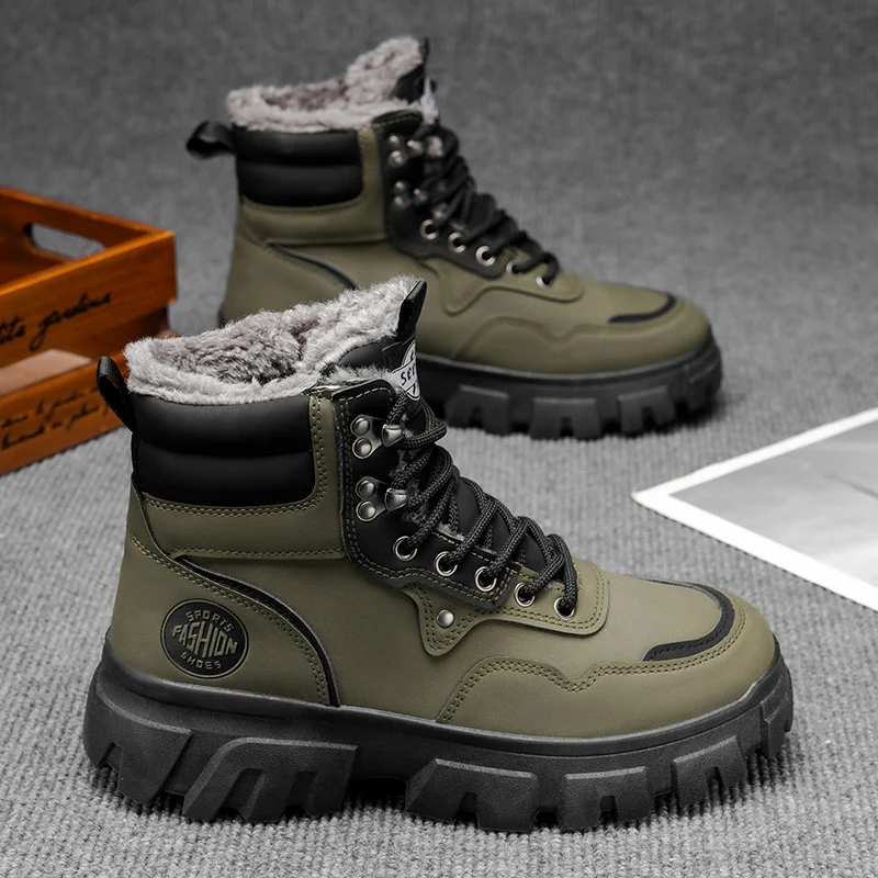 Men's High-Top Fleece Lined  Boots Winter Outdoor Waterproof Non-Slip Cotton Shoes Integrated Leather And Fur for Snowy...
