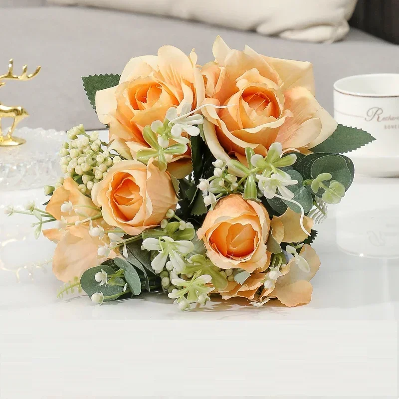 Silk Artificial Flowers Office Decor Twin Roses Bouquet Indoor and Outdoor Decoration Fake Flower Simulation White Rose Plant