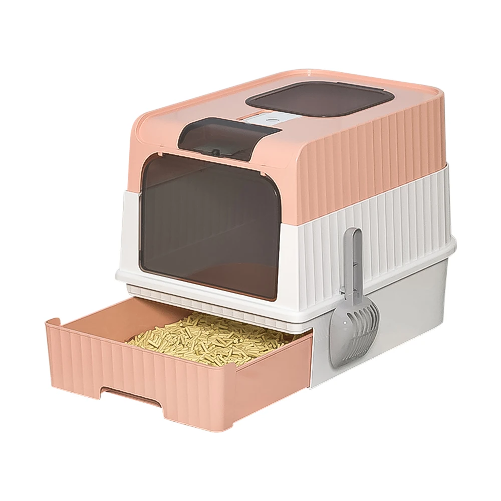 Lettiera per gatti, chiusa e rimovibile, facile da pulire, con paletta per la lettiera, 2 sportelli, in plastica PP, include 1 bustina deodorante, design a cassetto, capacità di 5 kg di lettiera,