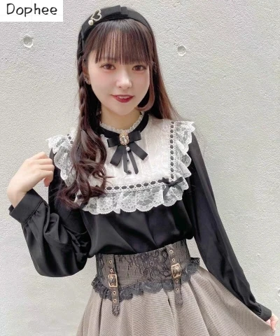 

Dophee Japan Styles Lolita Shirt Landmine Series Maid Dress Patchwork Lace Beading Bow Navy Collar Long Sleeve Blouses Women Top