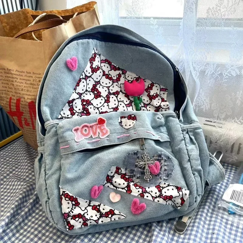 MBTI-Mochila Vintage Hello Kitty para Mulheres, Moda Denim, Estudantes Patchwork, Sacos Estéticos Femininos, Y2k, Harajuku, Universidade