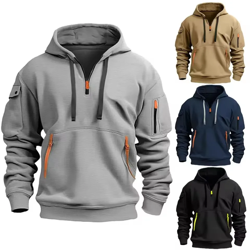 2025 New Multi Pocket Zipper Fleece Hooded Casual Shirt for Men and Women Solid Color Loose Pullover Fashion Sweatshirt top