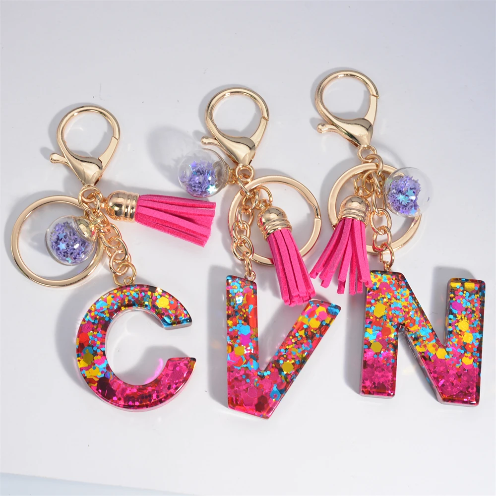 Fashion Tassel Star Ball 26Letters Keychain Colorful Sequins Resin Key Ring for Women Girls Car Handbag Phone Case Pendant Gifts