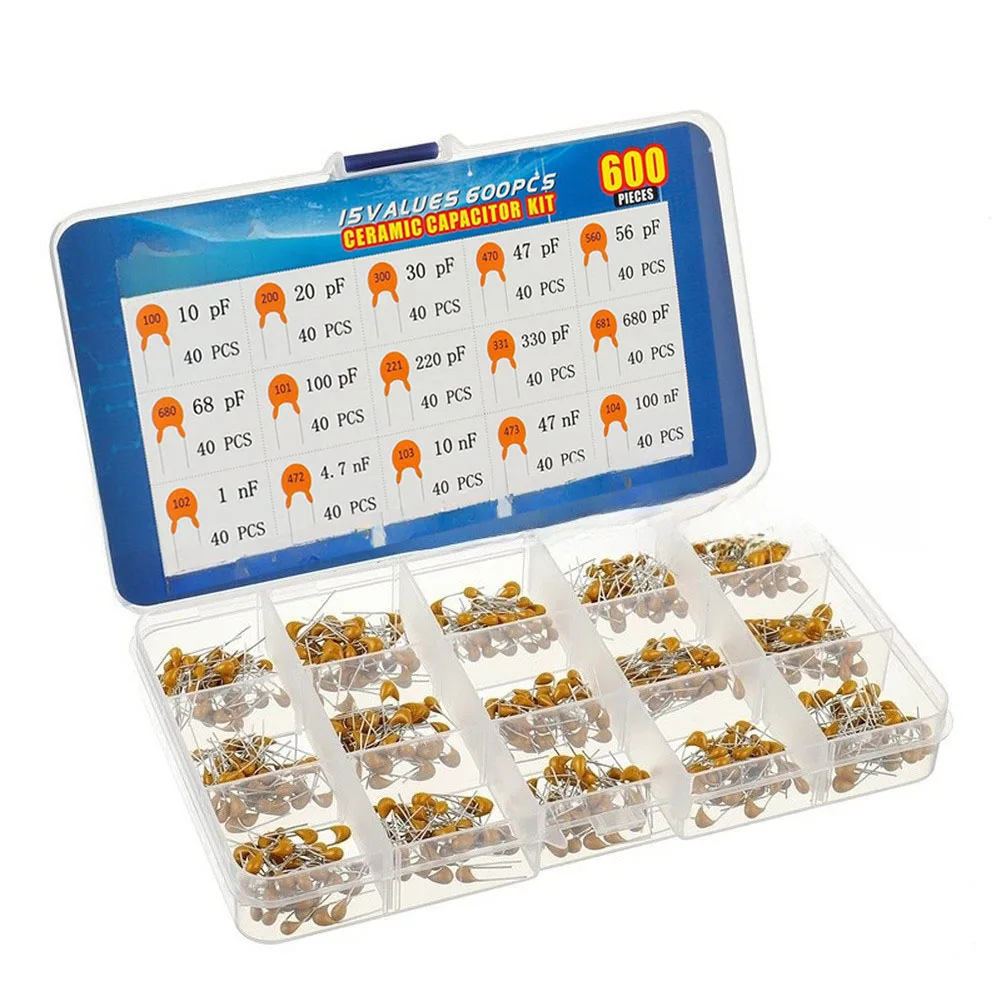 600Pcs 15Values Pottery Capacitor Assortment Control Panels 10pF-100nF Multilayer Monolithic Pottery Capacitor Combination Kit