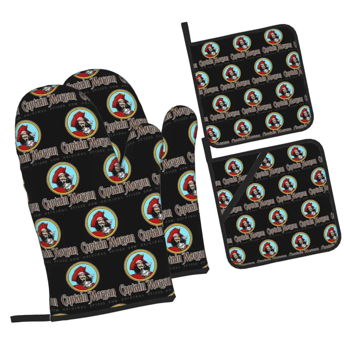 Captain Morgan Oven Mitts and Pot Holder Sets of 4 for Baking Kitchen Cooking Grilling Resistant Non-Slip Gloves