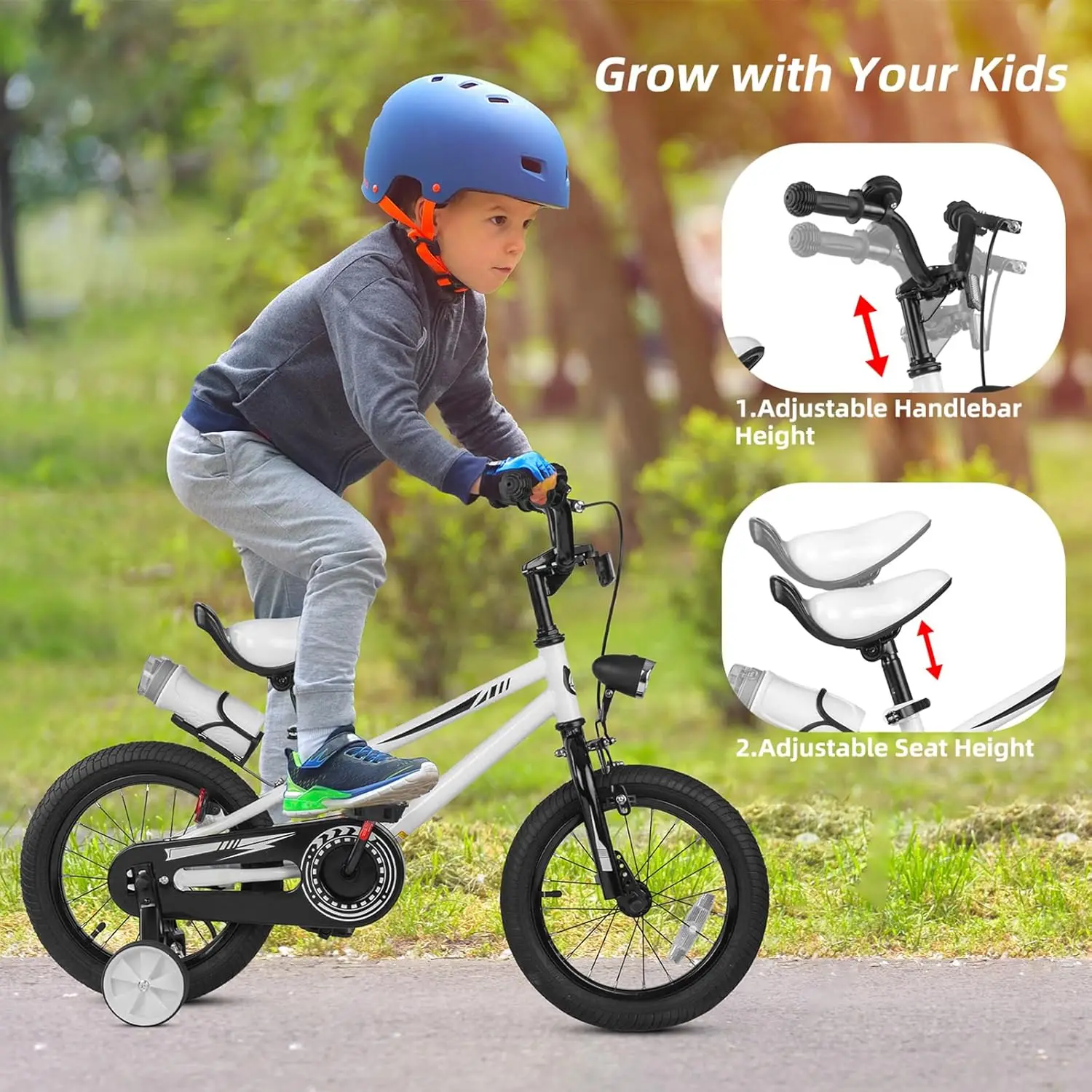 Kids Bike for Ages 3-8 Years Boys Girls, 12 14 16 Inch Children Bicycle with Training Wheels and Headlight, Adjustable Seat Hand