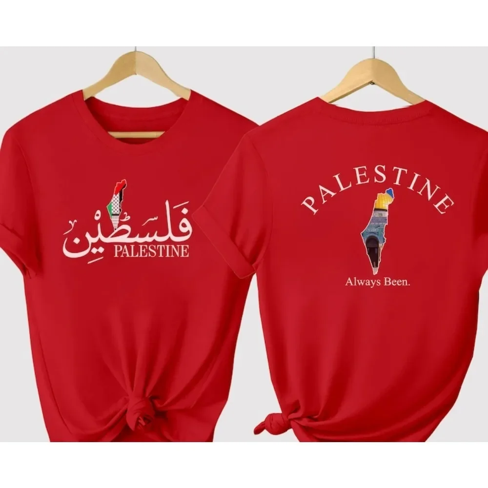 2025 فلسطين العربية اسم الرجال النساء تي شيرت القطعة مسجد خريطة طباعة Crewneck القطن المحملة للجنسين الشارع الشهير ملابس علوية غير رسمية