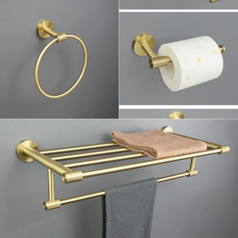 Brushed Gold Bathroom Towel Rack Towel Ring Paper Towel Holder Double Bathrobe Hook Toilet Brush Bathroom hardware pendant