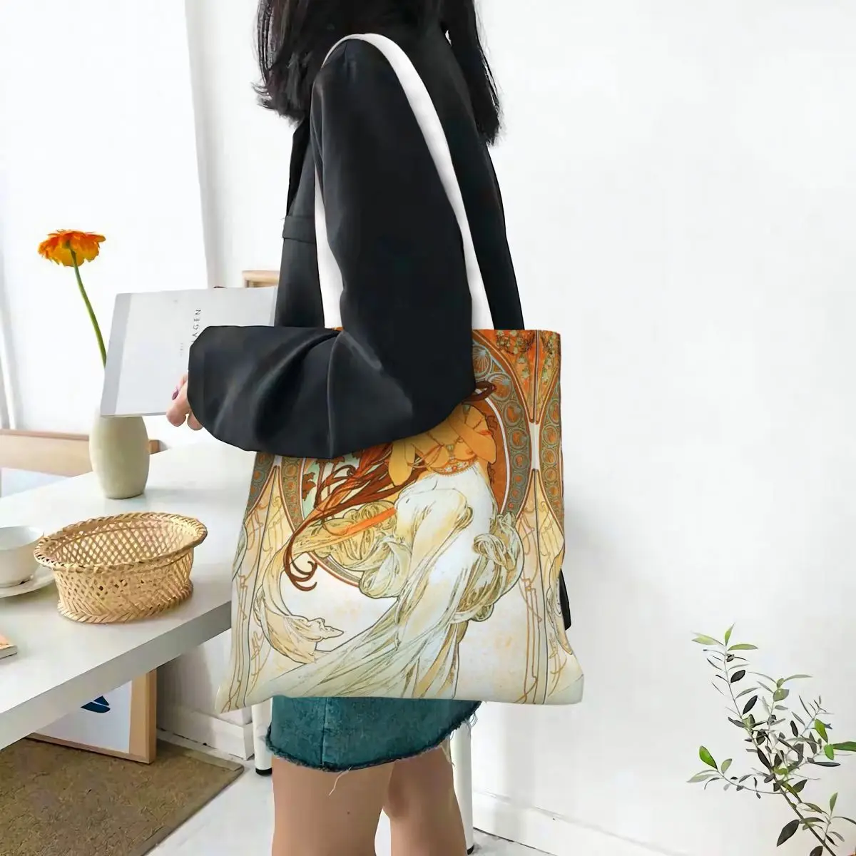 Music By Alphonse Oil Painting Tote Bags Women Handbag Canvas Student Shoulder Bag Printed Shopping Bag