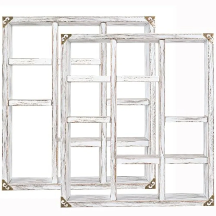 

17.7x15.7-Inch Shadow Box Shelf 9-Slot Rustic Wood Floating Shelves Larger Shelf Lightweight Solid Wood Display Set of 2