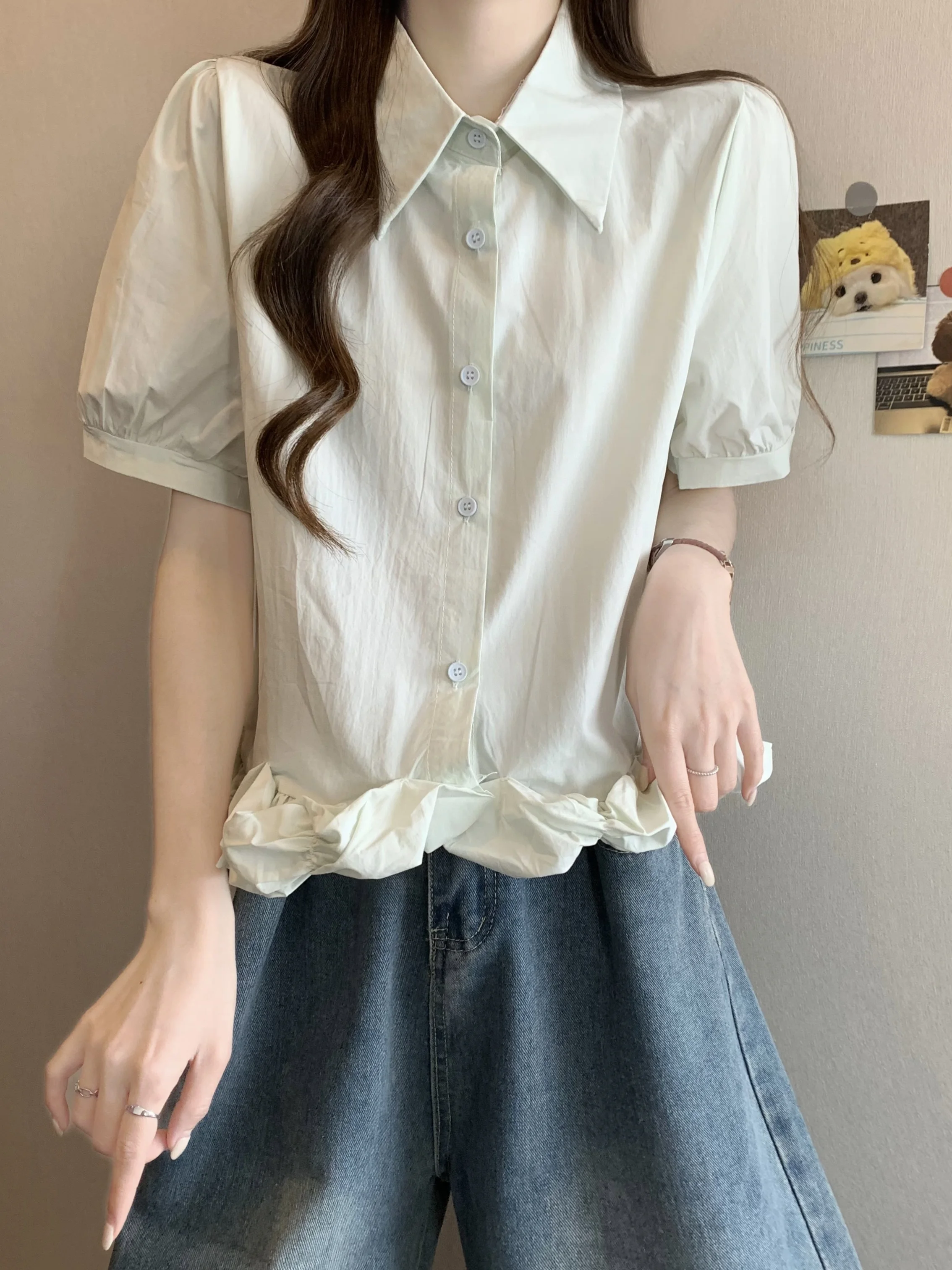 

Puffy Sleeve Short Sleeve Base Shirt Women Summer 2026 plus Size Flattering Design Lace Trim Short Length Top Korean Style