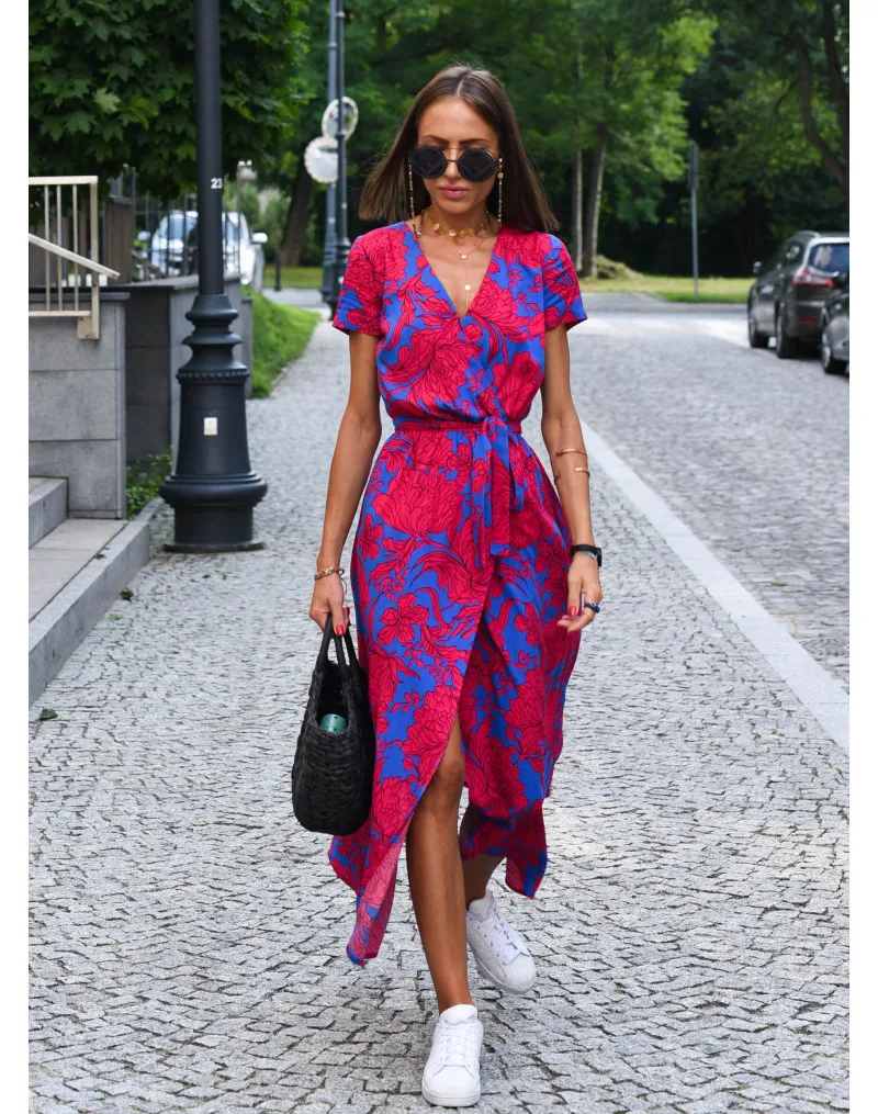 

Chic Women Print Long Dresses Women's Fashionable Short Sleeved Loose Comfortable Fit Casual V-neck Printed Sexy Split Dress